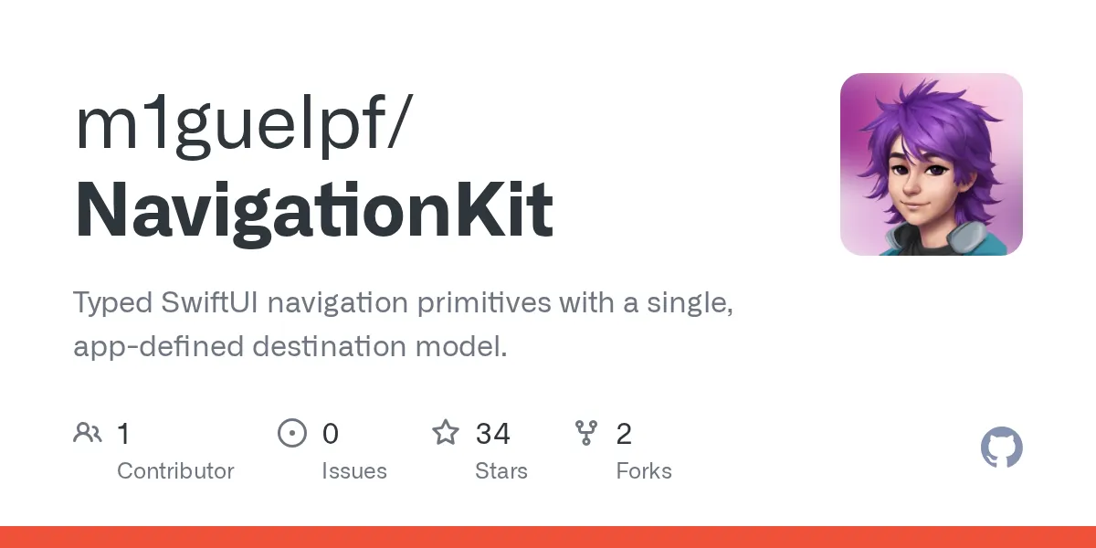 GitHub - m1guelpf/NavigationKit: Typed SwiftUI navigation primitives with a single, app-defined destination model.